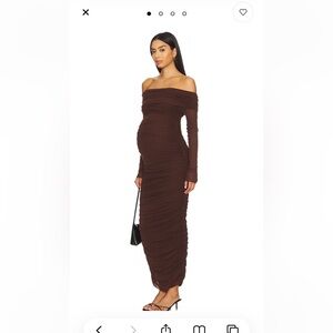 BumpSuit Brown Off-Shoulder Mesh Maternity Dress